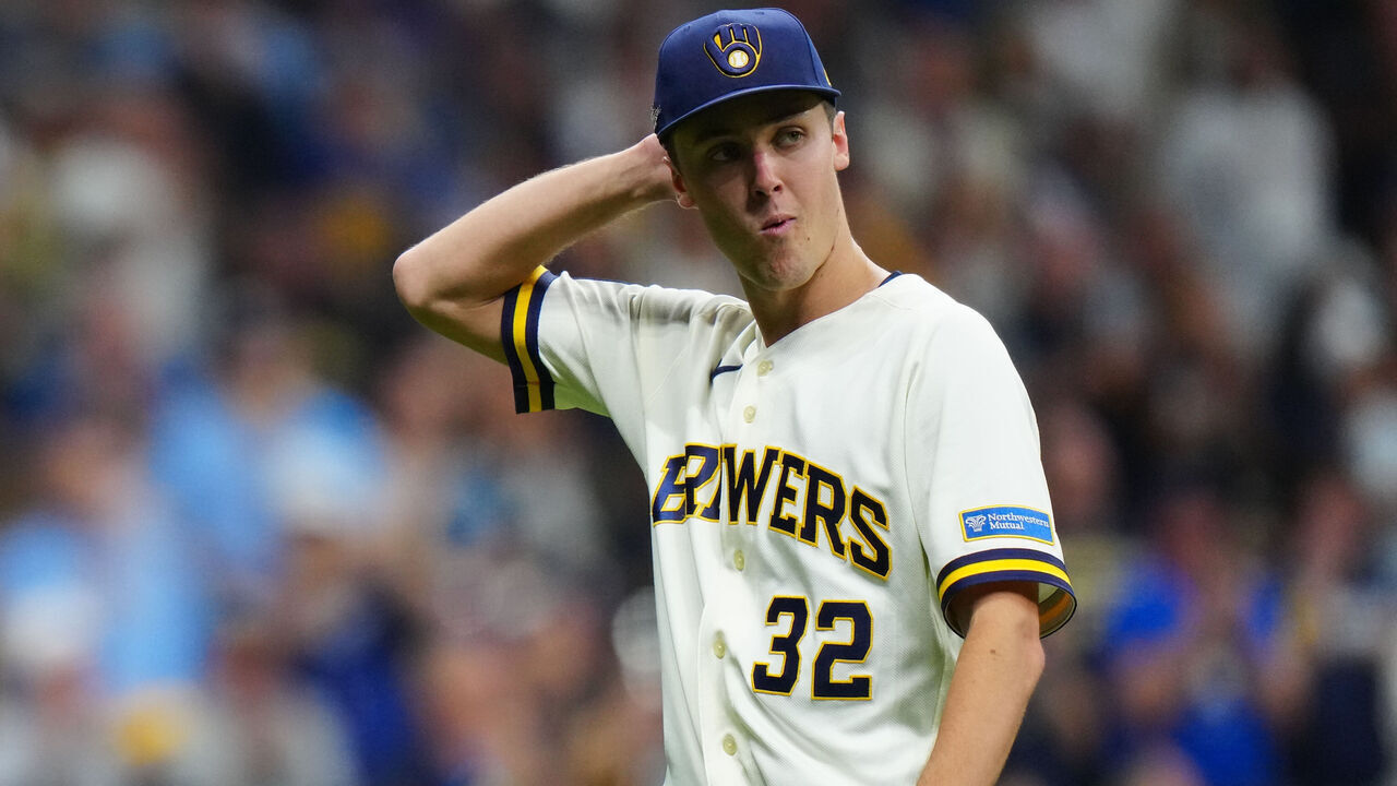 MILWAUKEE, WI - OCTOBER 11: Jacob Misiorowski #32 of the Milwaukee Brewers walks back to the dugout after being relieved in the fifth inning during Game One of the National League Championship Series between the Los Angeles Dodgers and the Milwaukee Brewers at American Family Field on Sunday, October 11, 2026 in Milwaukee, Wisconsin.