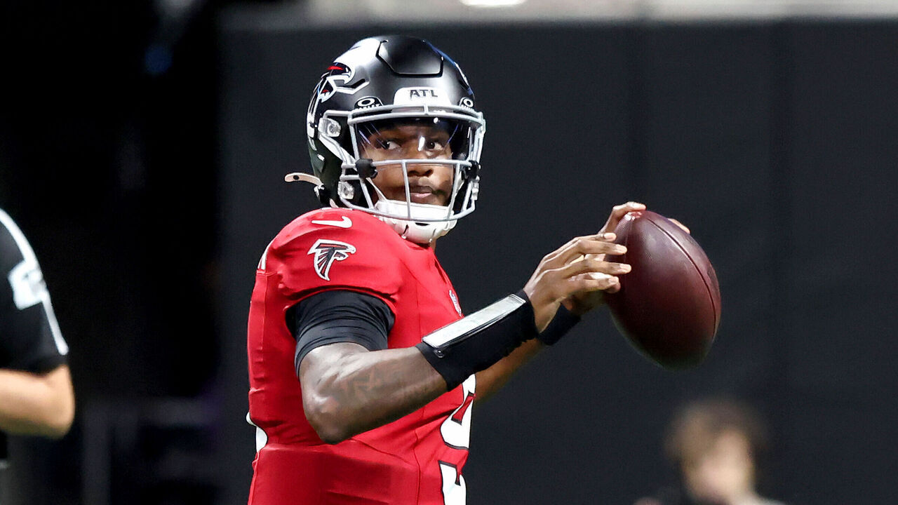ATLANTA, GA - OCTOBER 11: Starting qurterback Michael Penix, Jr. (9) of the Atlanta Falcons passes during the Sunday evening NFL game between the Atlanta Falcons and the Baltimore Ravens on October 11, 2026 at the Mercedes-Benz Stadium in Atlanta, Georgia.