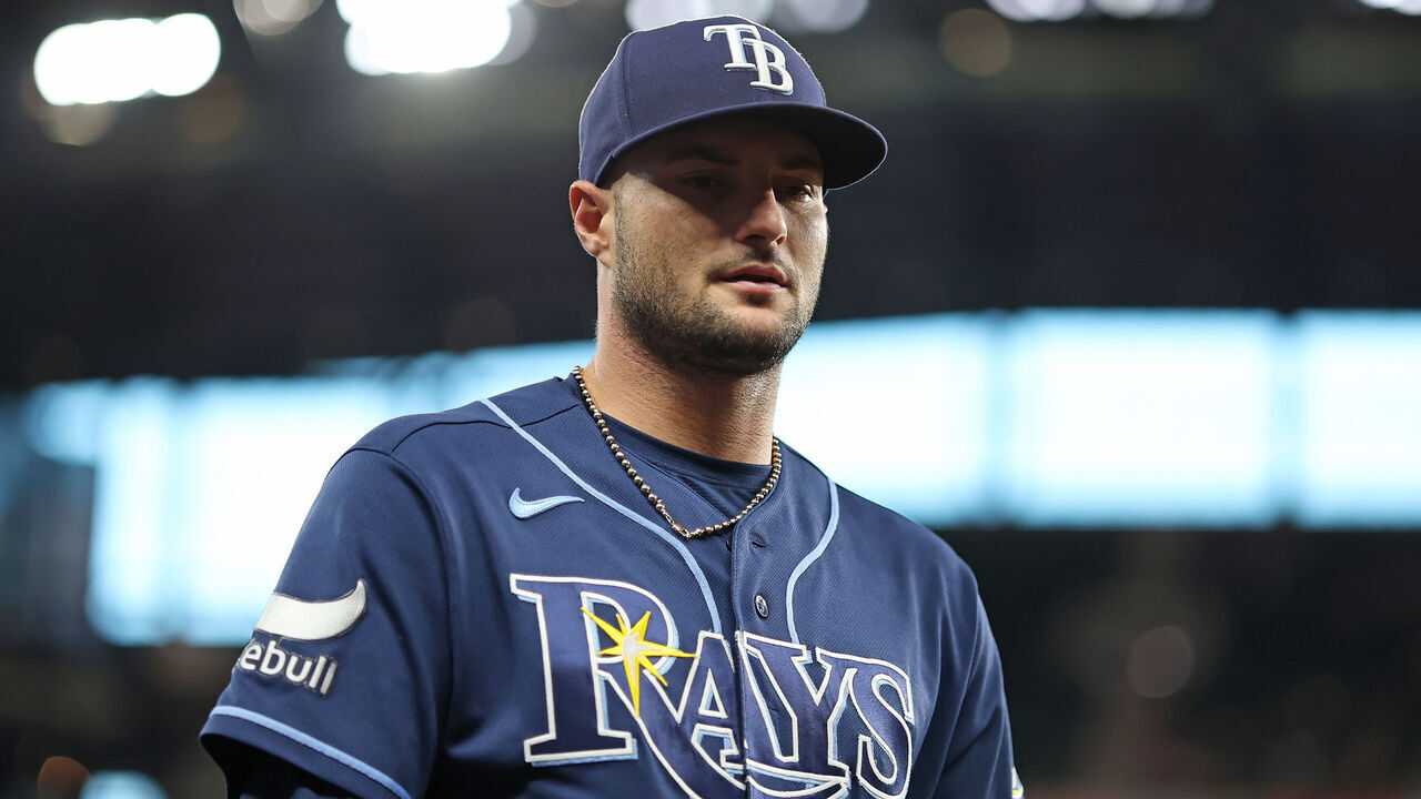 ARLINGTON, TEXAS - SEPTEMBER 03: Shane McClanahan #18 of the Tampa Bay Rays walks to the dugout prior to a game against the Texas Rangers at Globe Life Field on September 03, 2026 in Arlington, Texas.