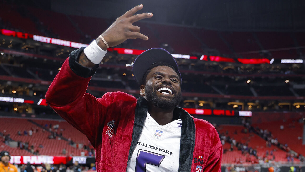 ATLANTA, GEORGIA - OCTOBER 11: Tyler Huntley #5 of the Baltimore Ravens reacts following the 30-23 victory in overtime against the Atlanta Falcons at Mercedes-Benz Stadium on October 11, 2026 in Atlanta, Georgia.