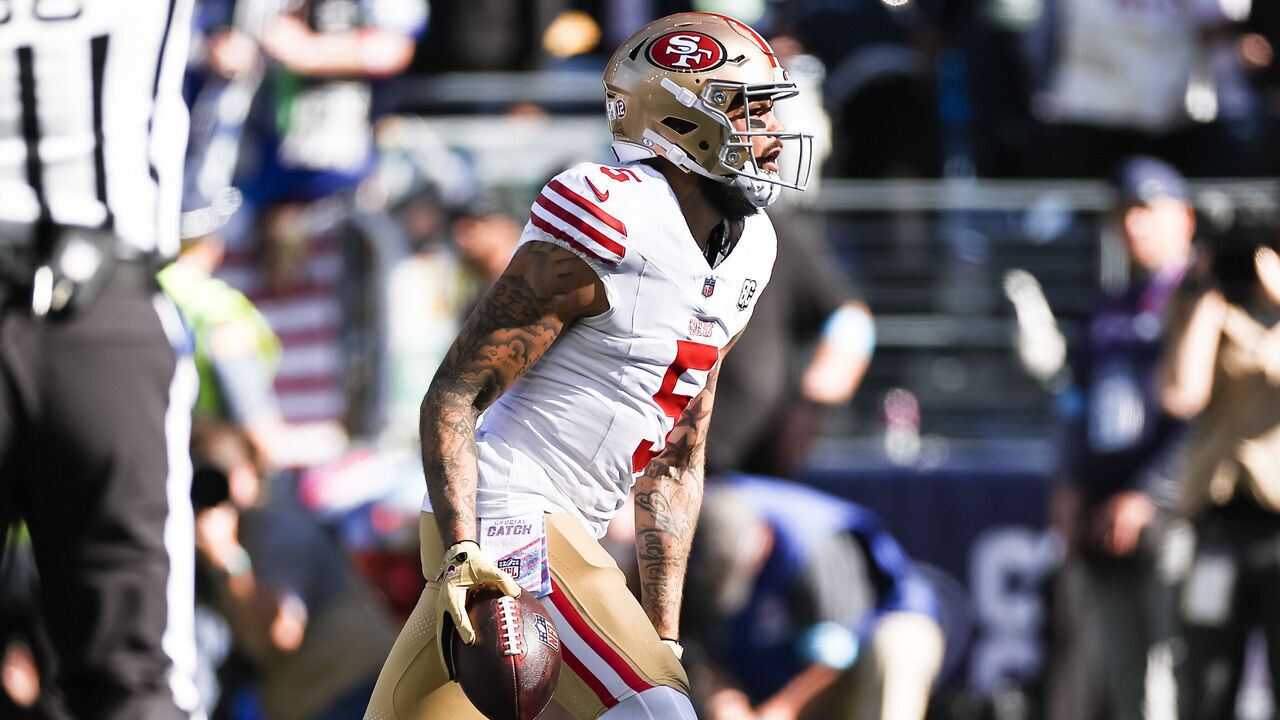 SEATTLE, WASHINGTON - OCTOBER 11: Mike Evans #5 of the San Francisco 49ers reacts after scoring a touchdown during the first quarter against the Seattle Seahawks at Lumen Field on October 11, 2026 in Seattle, Washington.