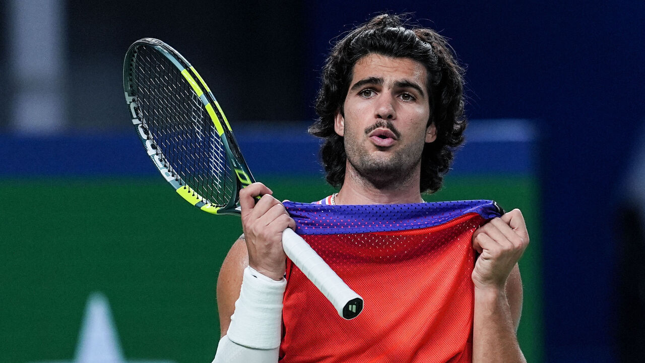 SHANGHAI, CHINA - OCTOBER 12: Carlos Alcaraz of Spain reacts in the Men's Singles Third Round match against Zizou Bergs of Belgium on Day six of 2026 Rolex Shanghai Masters at Qi Zhong Tennis Centre on October 12, 2026 in Shanghai, China.