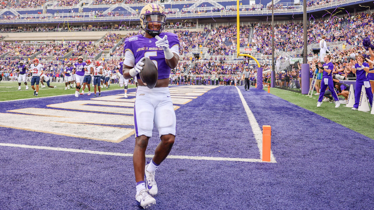 HARRISONBURG, VIRGINIA - SEPTEMBER 05: George Pettaway #6 of the James Madison Dukes celebrates scoring a touchdown during a game between the James Madison Dukes and the Liberty Flames at Bridgeforth Stadium on September 5, 2026 in Harrisonburg, Virginia.