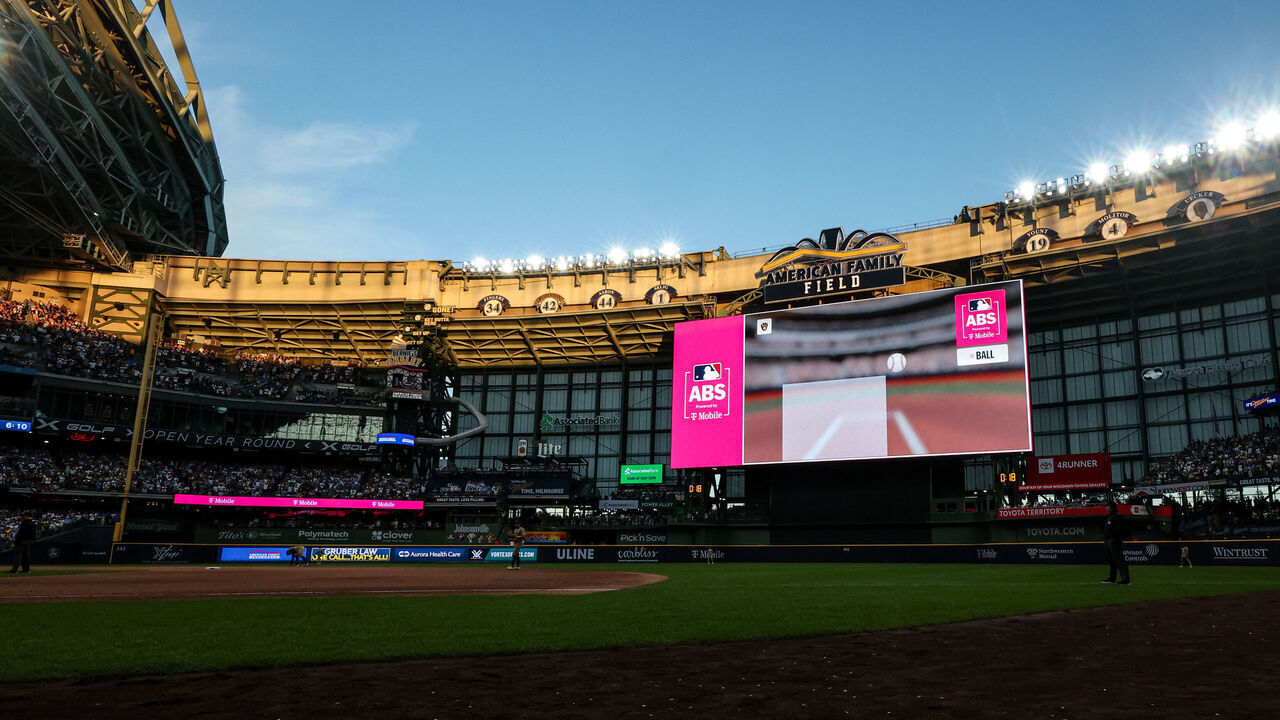 MILWAUKEE, WI - OCTOBER 04: A sponsorship view of ABS powered by T-Mobile the during Game Two of the National League Division Series presented by Booking.com between the San Diego Padres and the Milwaukee Brewers at American Family Field on Sunday, October 4, 2026 in Milwaukee, Wisconsin.