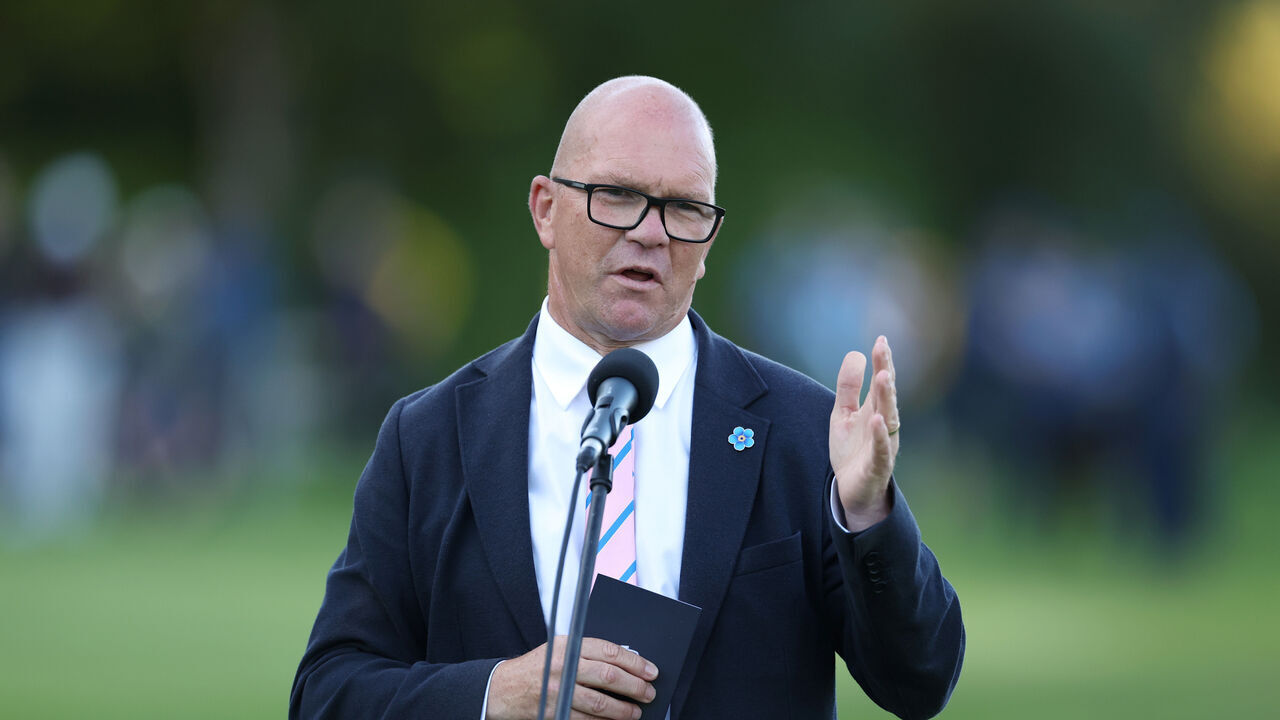 VIRGINIA WATER, ENGLAND - SEPTEMBER 20: Guy Kinnings, Chief Executive Officer of the European Tour Group speaks during the presentation ceremony on day four of the BMW PGA Championship at Wentworth Golf Club on September 20, 2026 in Virginia Water, England.
