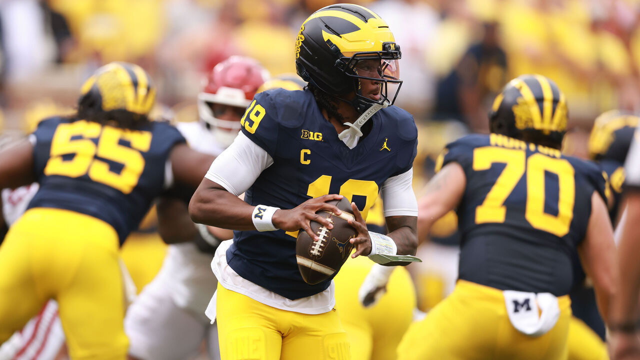 ANN ARBOR, MICHIGAN - SEPTEMBER 12: Bryce Underwood #19 of the Michigan Wolverines plays against the Oklahoma Sooners at Michigan Stadium on September 12, 2026 in Ann Arbor, Michigan.