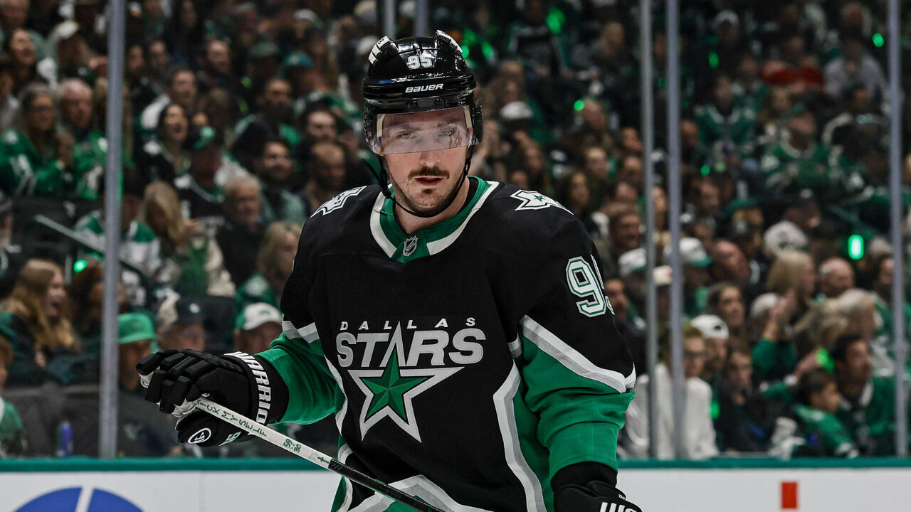 DALLAS, TX - APRIL 18: Dallas Stars center Matt Duchene (95) waits for play to begin during the Stanley Cup Playoffs First Round game 1 between the Dallas Stars and the Minnesota Wild on April 18, 2026 at American Airlines Center in Dallas, TX.