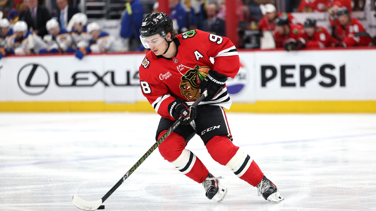 CHICAGO, ILLINOIS - APRIL 13: Connor Bedard #98 of the Chicago Blackhawks skates during a game against the Buffalo Sabres at the United Center on April 13, 2026 in Chicago, Illinois.