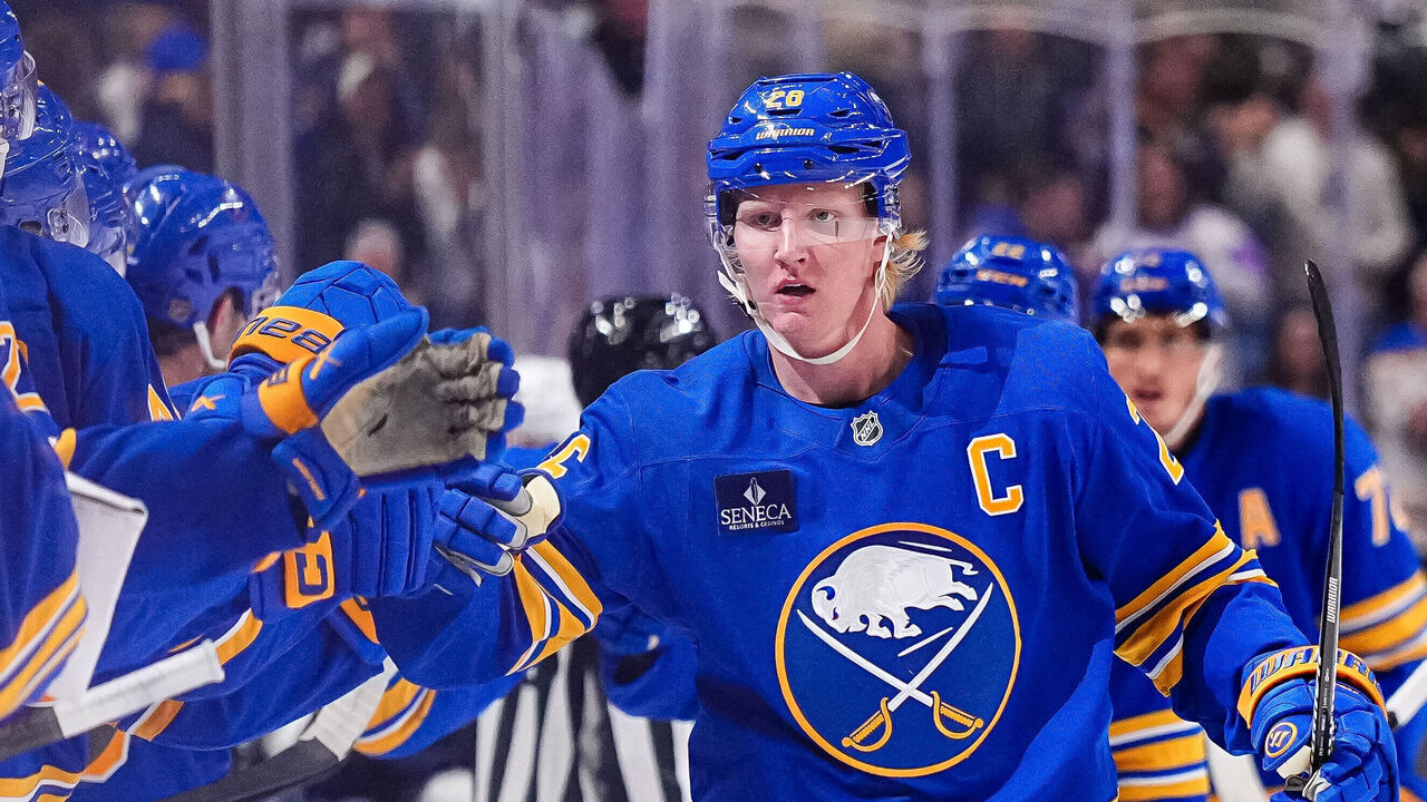 BUFFALO, NEW YORK - OCTOBER 12: Rasmus Dahlin #26 of the Buffalo Sabres celebrates with teammates after scoring a goal against the Florida Panthers during the first period of an NHL game at KeyBank Center on October 12, 2026 in Buffalo, New York.
