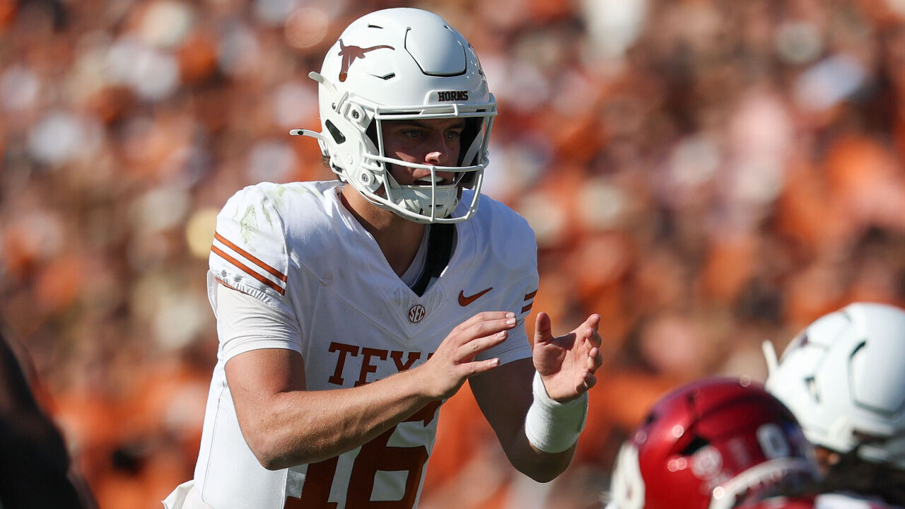 DALLAS, TX - OCTOBER 10: Texas Longhorns quarterback Arch Manning #16 readies for a snap during the Allstate Red River Rivalry between the Texas Longhorns and Oklahoma Sooners on October 10, 2026, at Cotton Bowl Stadium in Dallas, TX.