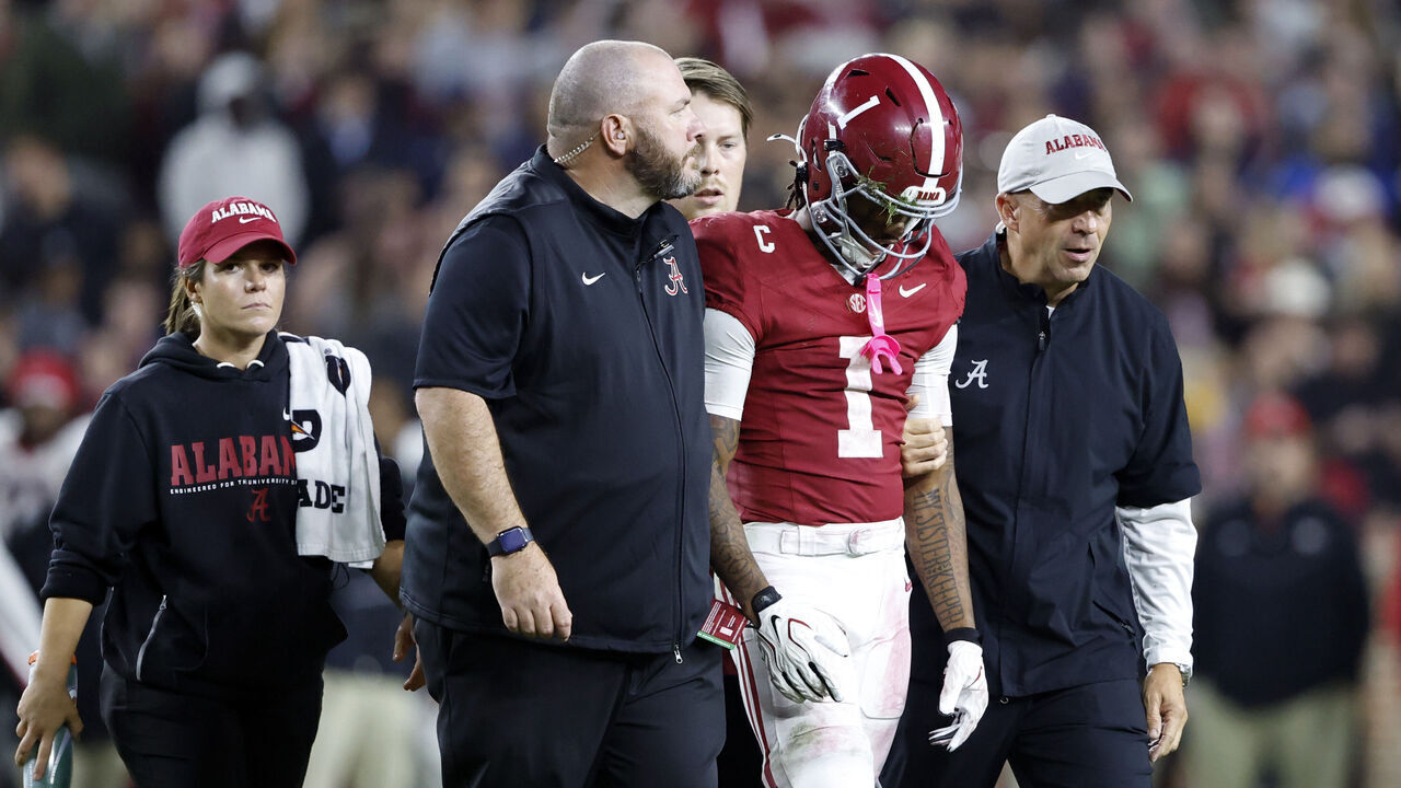 TUSCALOOSA, ALABAMA - OCTOBER 10: Wide receiver Ryan Coleman-Williams #1 of the Alabama Crimson Tide is helped off the field after an injury during the second half of the game against the Georgia Bulldogs at Bryant Denny Stadium on October 10, 2026 in Tuscaloosa, Alabama.