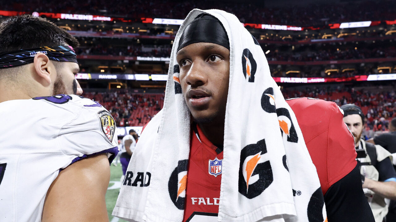 ATLANTA, GEORGIA - OCTOBER 11: Michael Penix Jr. #9 of the Atlanta Falcons looks on after his team's 30-23 loss against the Baltimore Ravens at Mercedes-Benz Stadium on October 11, 2026 in Atlanta, Georgia.