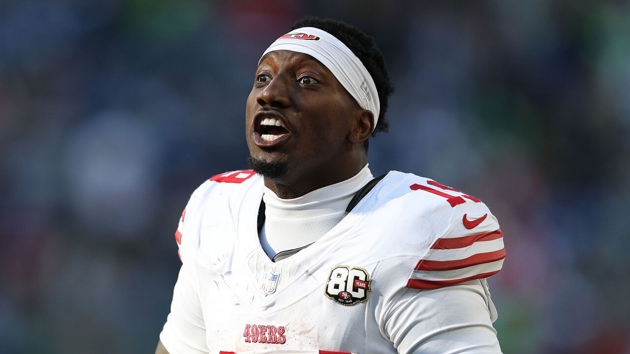 SEATTLE, WASHINGTON - OCTOBER 11: Deebo Samuel Sr. #19 of the San Francisco 49ers celebrates after his team's two-point conversion against the Seattle Seahawks during the fourth quarter at Lumen Field on October 11, 2026 in Seattle, Washington.