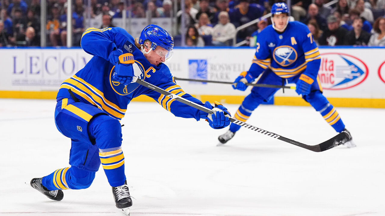 BUFFALO, NEW YORK - OCTOBER 12: Rasmus Dahlin #26 of the Buffalo Sabres shoots the puck against the Florida Panthers during the second period of an NHL game at KeyBank Center on October 12, 2026 in Buffalo, New York.