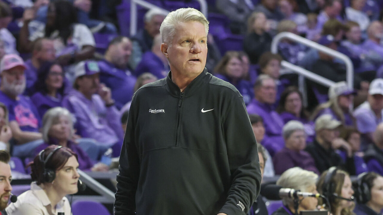 MANHATTAN, KS - MARCH 01: Bill Fennelly of the Iowa State Cyclones along the sidelines in the second half of a women's Big 12 game between the Iowa State Cyclones and Kansas State Wildcats on March 1, 2026 at Bramlage Coliseum in Manhattan, KS.