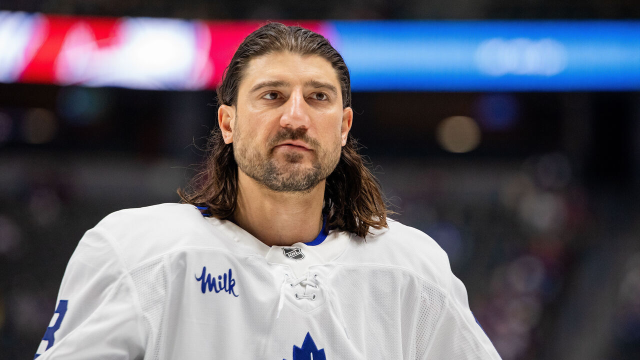 DENVER, COLORADO - OCTOBER 10: Chris Tanev #8 of the Toronto Maple Leafs looks on during warm-up ahead of the game against the Colorado Avalanche at Ball Arena on October 10, 2026 in Denver, Colorado.