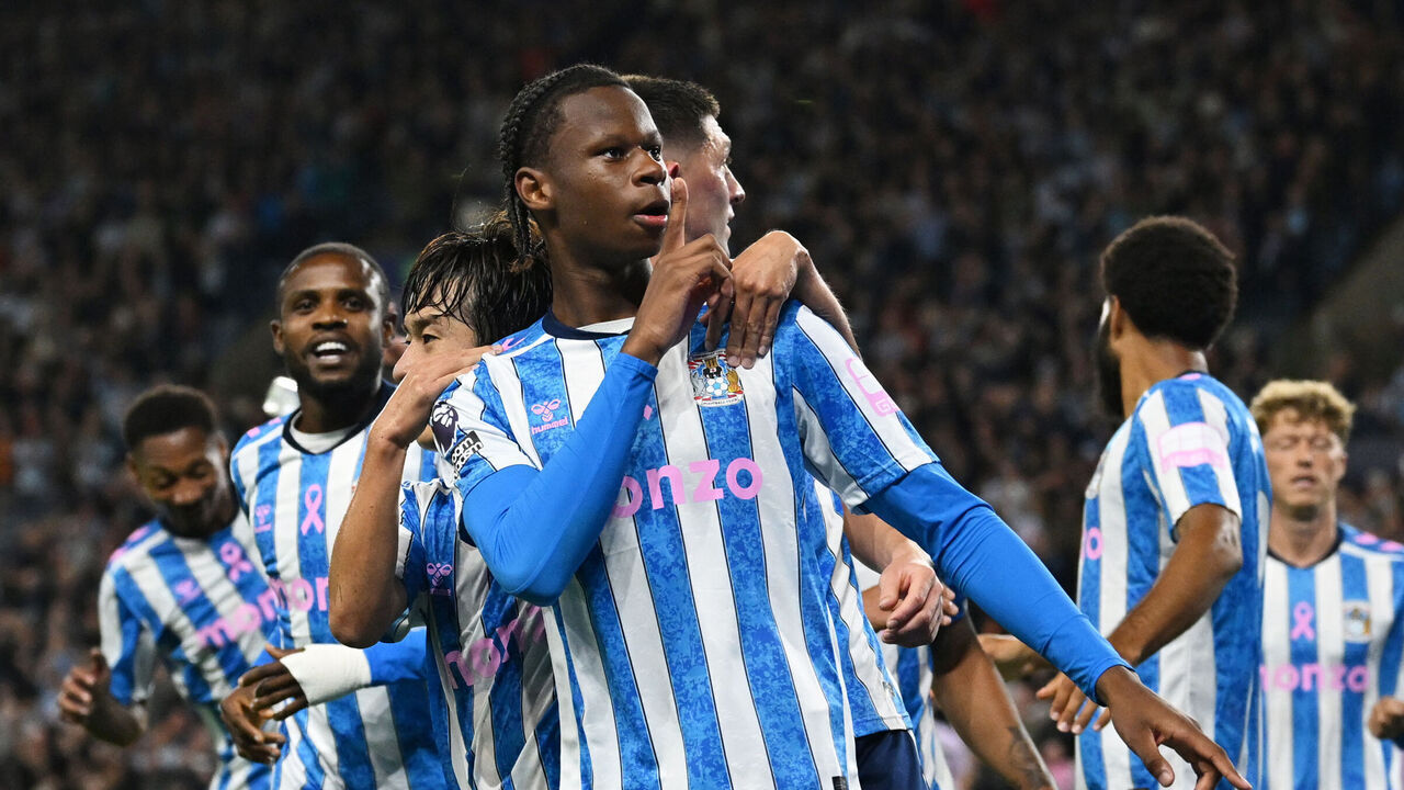 COVENTRY, ENGLAND - OCTOBER 12: Stephen Mfuni of Coventry City celebrates scoring his team’s fourth goal during the Premier League 2026/27 match between Coventry City and Newcastle United at The Coventry Building Society Arena on October 12, 2026 in Coventry, England.