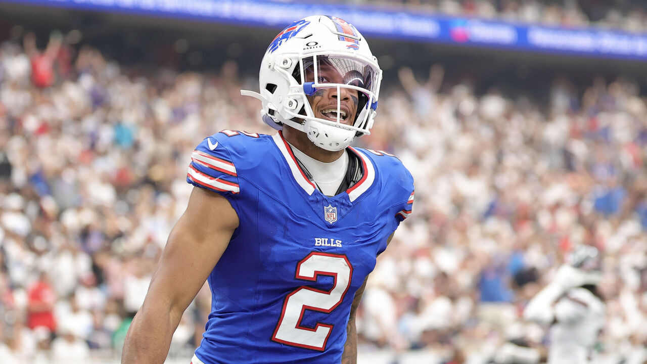 HOUSTON, TEXAS - SEPTEMBER 13: DJ Moore #2 of the Buffalo Bills celebrates after scoring a touchdown against the Houston Texans during the second quarter of the game at NRG Stadium on September 13, 2026 in Houston, Texas.