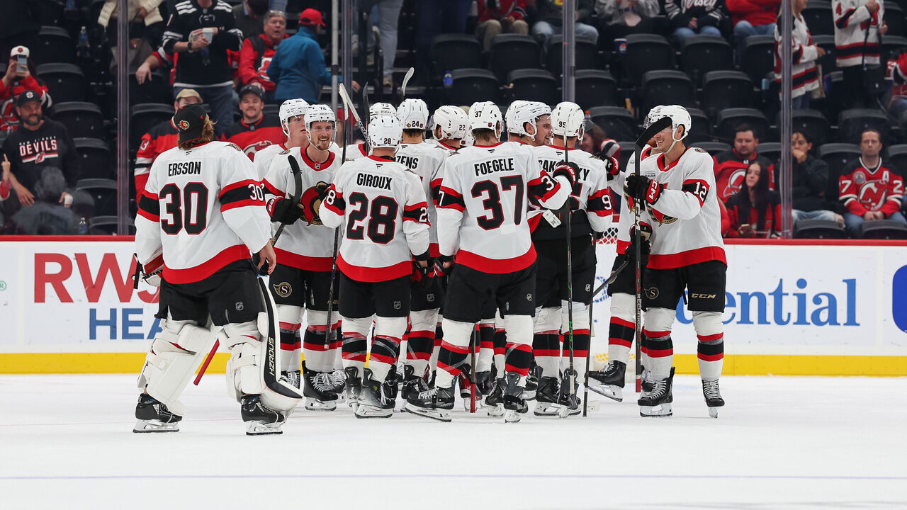 NEWARK, NEW JERSEY - OCTOBER 12: Ottawa Senators celebrate after defeating the New Jersey Devils after NHL game against the New Jersey Devils at Prudential Center on October 12, 2026 in Newark, New Jersey.