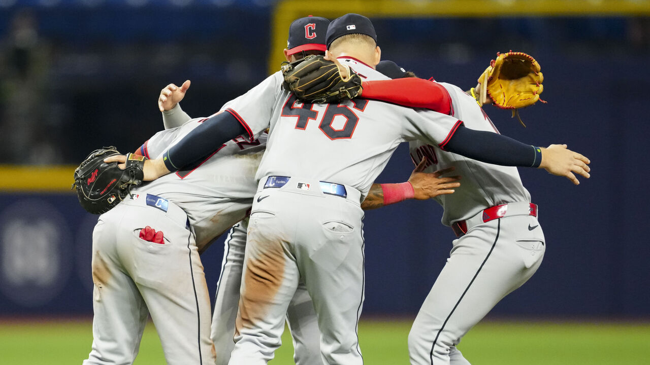 ST. PETERSBURG, FL - OCTOBER 12: Members of the Cleveland Guardians celebrate after the Guardians defeated the Tampa Bay Rays in Game One of the American League Championship Series between the Cleveland Guardians and the Tampa Bay Rays at Tropicana Field on Monday, October 12, 2026 in St. Petersburg, Florida.