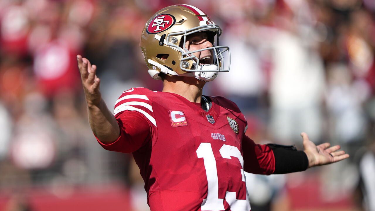 SANTA CLARA, CALIFORNIA - SEPTEMBER 27: Brock Purdy #13 of the San Francisco 49ers reacts after scrambling for a long run against the Arizona Cardinals in the fourth quarter at Levi's Stadium on September 27, 2026 in Santa Clara, California.