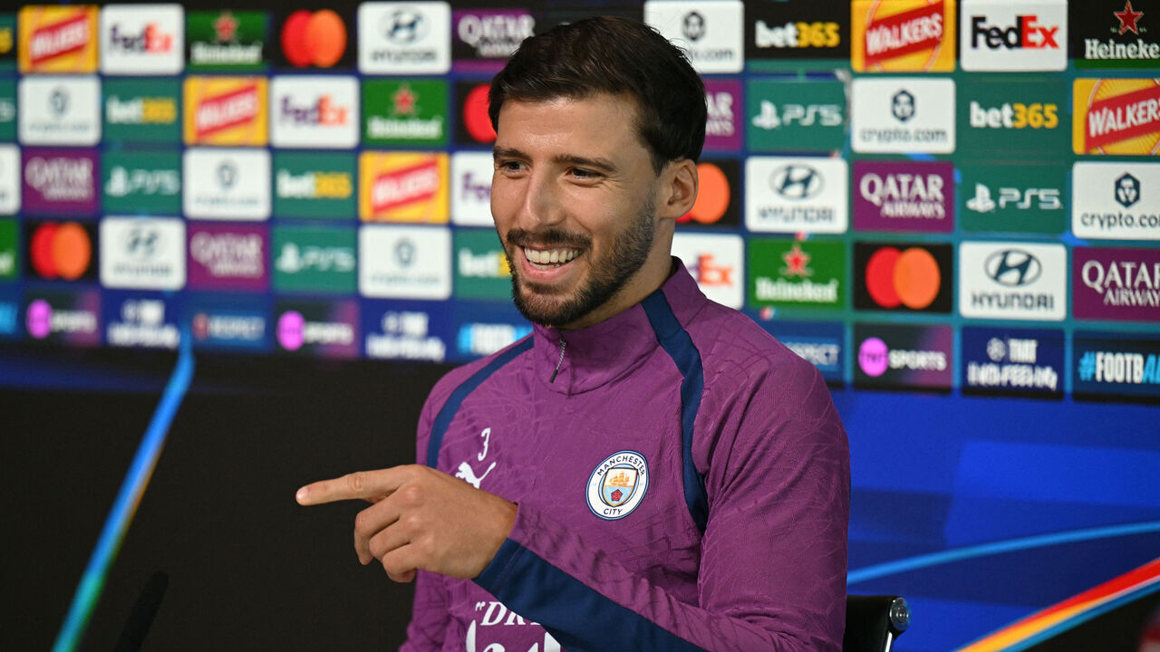 Manchester City's Portuguese defender #03 Ruben Dias attends a press conference at the Etihad Campus training ground in Manchester, north-west England, on October 13, 2026, on the eve of their UEFA Champions League, league phase football match against PSG.