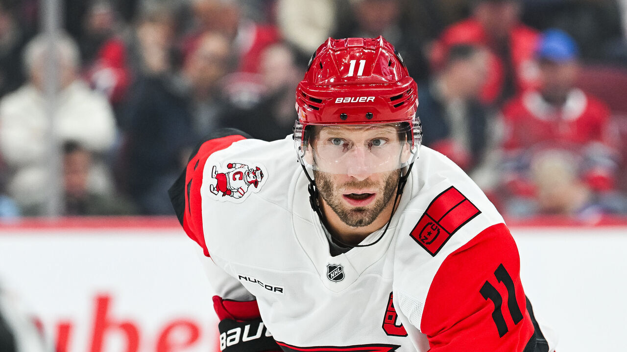 MONTREAL, QC - OCTOBER 06: Carolina Hurricanes center Jordan Staal (11) waits for a face-off during the Carolina Hurricanes versus the Montreal Canadiens game on October 06, 2026, at Bell Centre in Montreal, QC