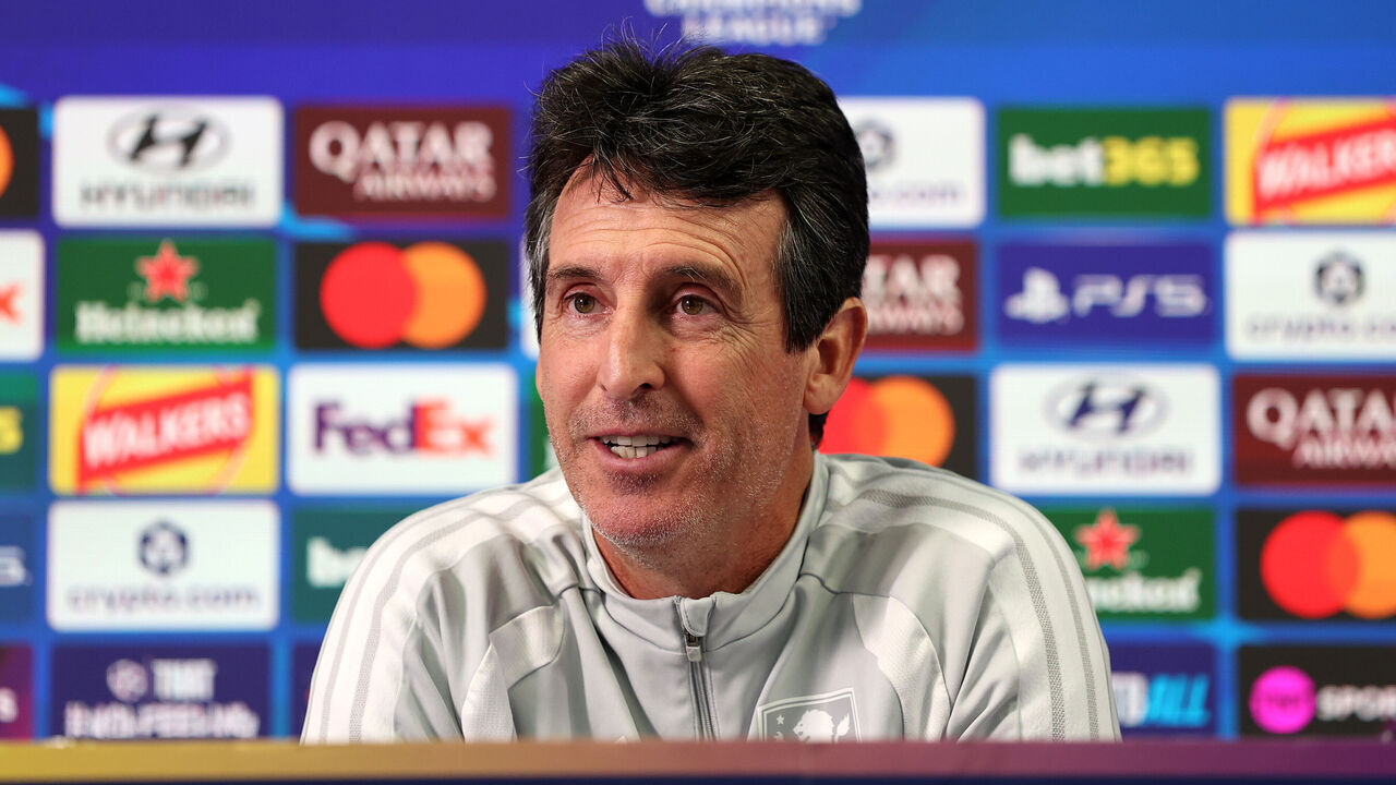 BIRMINGHAM, ENGLAND - OCTOBER 13: Unai Emery, Manager of Aston Villa, speaks to the media during the press conference on day ahead of the UEFA Champions League 2026/27 League Phase MD2 at Bodymoor Heath training ground on October 13, 2026 in Birmingham, England.