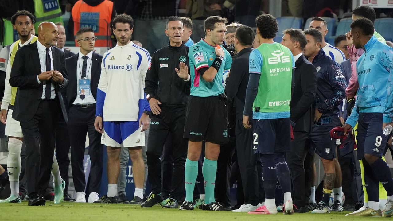 Matteo Marcenaro of the Genova Section, Abio Pisacane, coach of Cagliari Calcio, and Luciano Spalletti, coach of Juventus FC, are pictured during the Serie A TIM match between Cagliari Calcio and Juventus FC in Cagliari, Italy, on October 11, 2026.