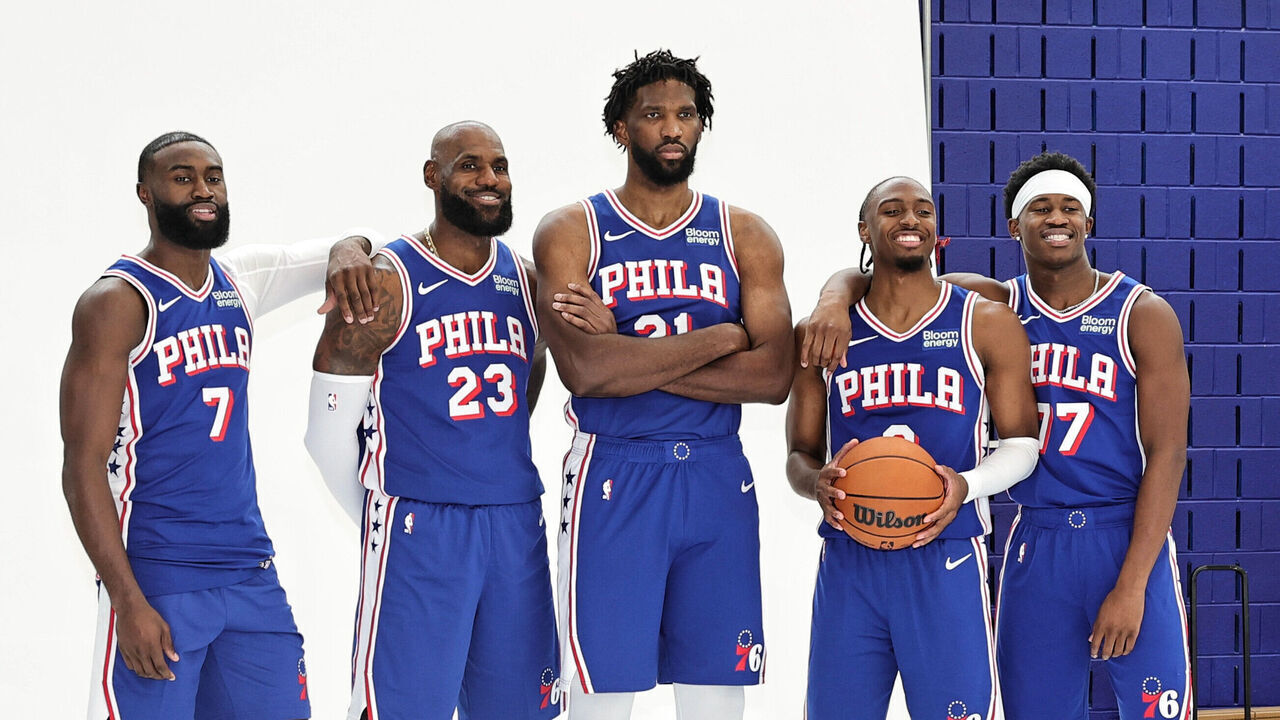 CAMDEN, NJ - SEPTEMBER 28: Jaylen Brown #7, LeBron James #23, Joel Embiid #21, Tyrese Maxey #0, and VJ Edgecombe #77 of the Philadelphia 76ers pose for a photo during NBA media day on September 28, 2026 at the Philadelphia 76ers Training Complex in Camden, New Jersey. NOTE TO USER: User expressly acknowledges and agrees that, by downloading and/or using this Photograph, user is consenting to the terms and conditions of the Getty Images License Agreement. Mandatory Copyright Notice: Copyright 2026 NBAE