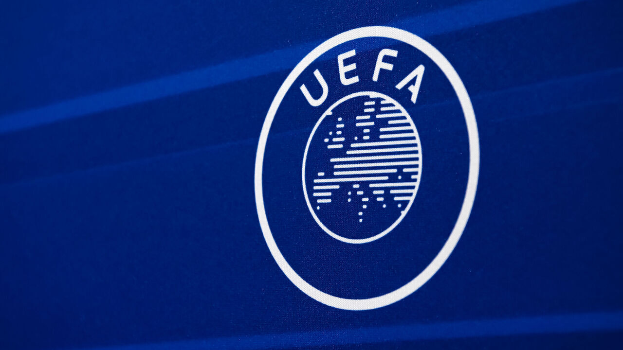NYON, SWITZERLAND - DECEMBER 8: A view of the UEFA logo during the UEFA European Under-19 Championship 2022/23 Qualifying Round Draw at the UEFA headquarters, The House of European Football, on December 8, 2021, in Nyon, Switzerland.