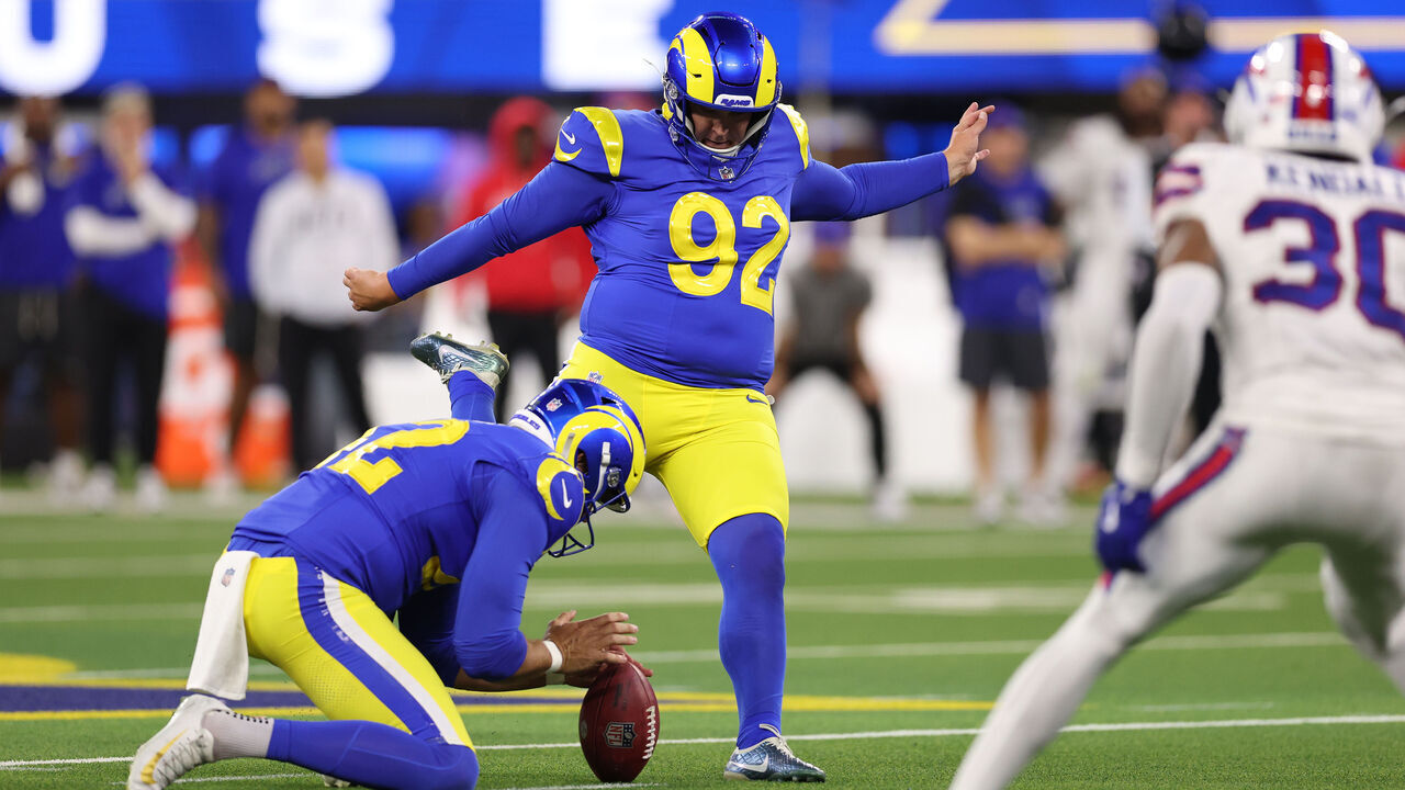 INGLEWOOD, CALIFORNIA - OCTOBER 12: Harrison Mevis #92 of the Los Angeles Rams attempts to kick a field goal against the Buffalo Bills during overtime of the game at SoFi Stadium on October 12, 2026 in Inglewood, California.