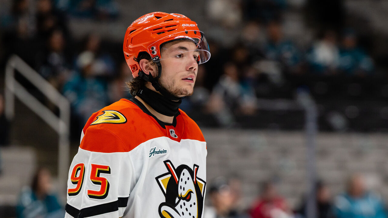 SAN JOSE, CA - SEPTEMBER 24: Roger McQueen #95 of the Anaheim Ducks looks on during a preseason NHL game against the San Jose Sharks on September 24, 2026 at SAP Center at San Jose in San Jose, CA.