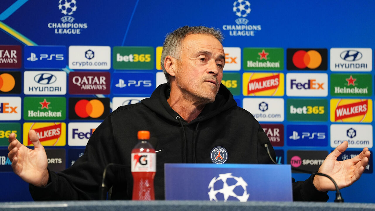 Paris Saint-Germain manager Luis Enrique during a press conference at the Etihad Stadium, Manchester. Picture date: Tuesday October 13, 2026.