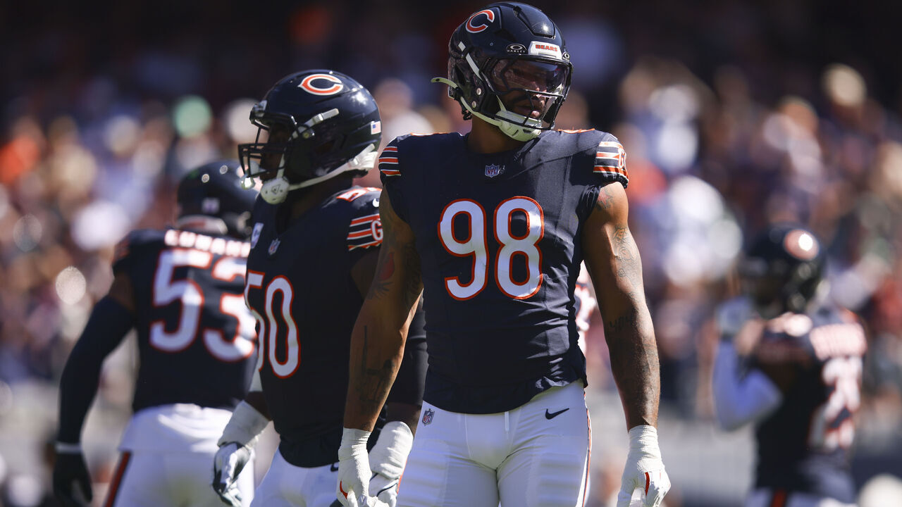 CHICAGO, ILLINOIS - OCTOBER 04: Montez Sweat #98 of the Chicago Bears looks on during the second quarter against the New York Jets at Soldier Field on October 04, 2026 in Chicago, Illinois.