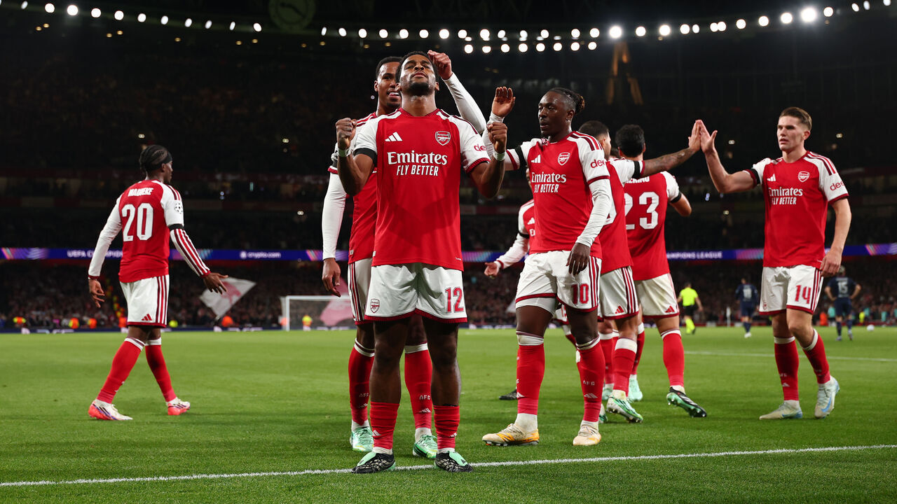 LONDON, ENGLAND - OCTOBER 13:Jurrien Timber of Arsenal celebrates after he scored for 1-0 during the UEFA Champions League 2026/27 League Phase MD2 match between Arsenal FC and LOSC Lille at Arsenal Stadium on October 13, 2026 in London, United Kingdom.