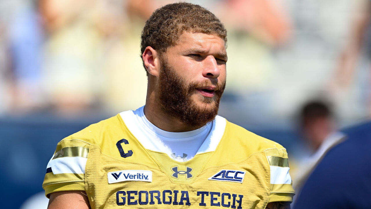 ATLANTA, GA - SEPTEMBER 19: Injured Georgia Tech linebacker Kyle Efford (44) reacts during the college football game between the Mercer Bears and the Georgia Tech Yellow Jackets on September 19th, 2026 at Bobby Dodd Stadium in Atlanta, GA.