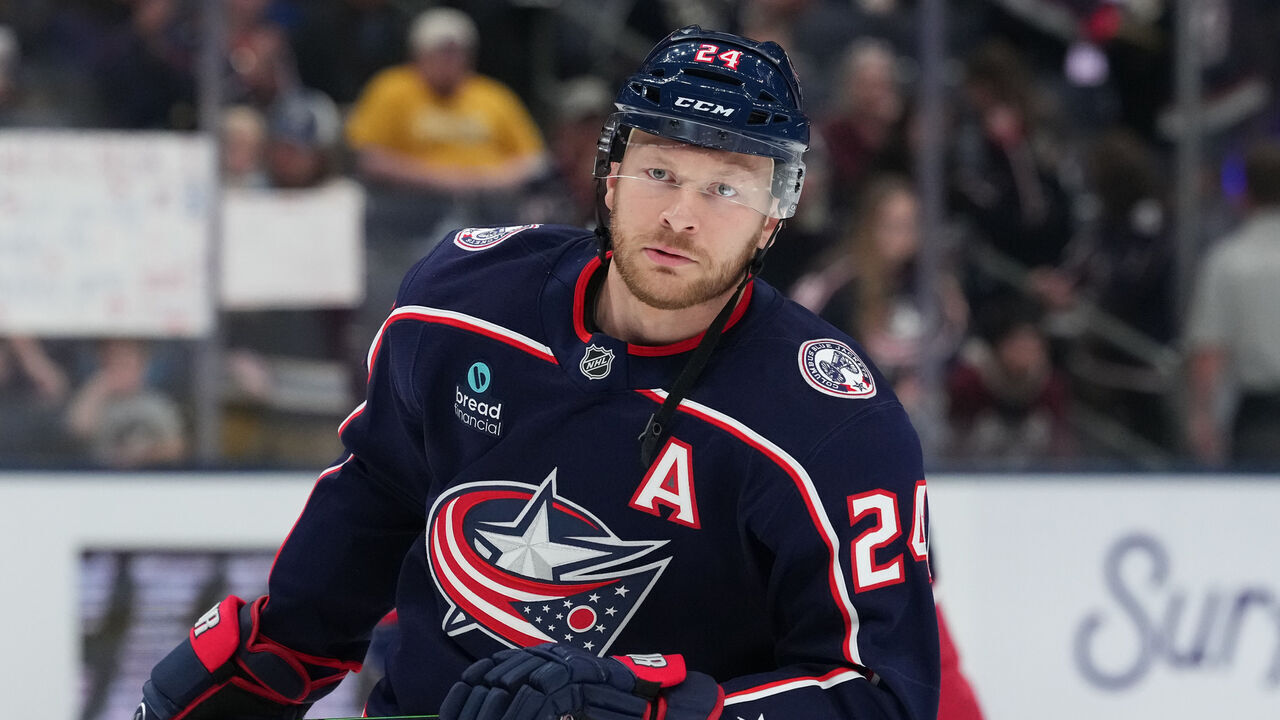 COLUMBUS, OHIO - OCTOBER 09: Mathieu Olivier #24 of the Columbus Blue Jackets warms up before the game against the Pittsburgh Penguins at Nationwide Arena on October 09, 2026 in Columbus, Ohio.