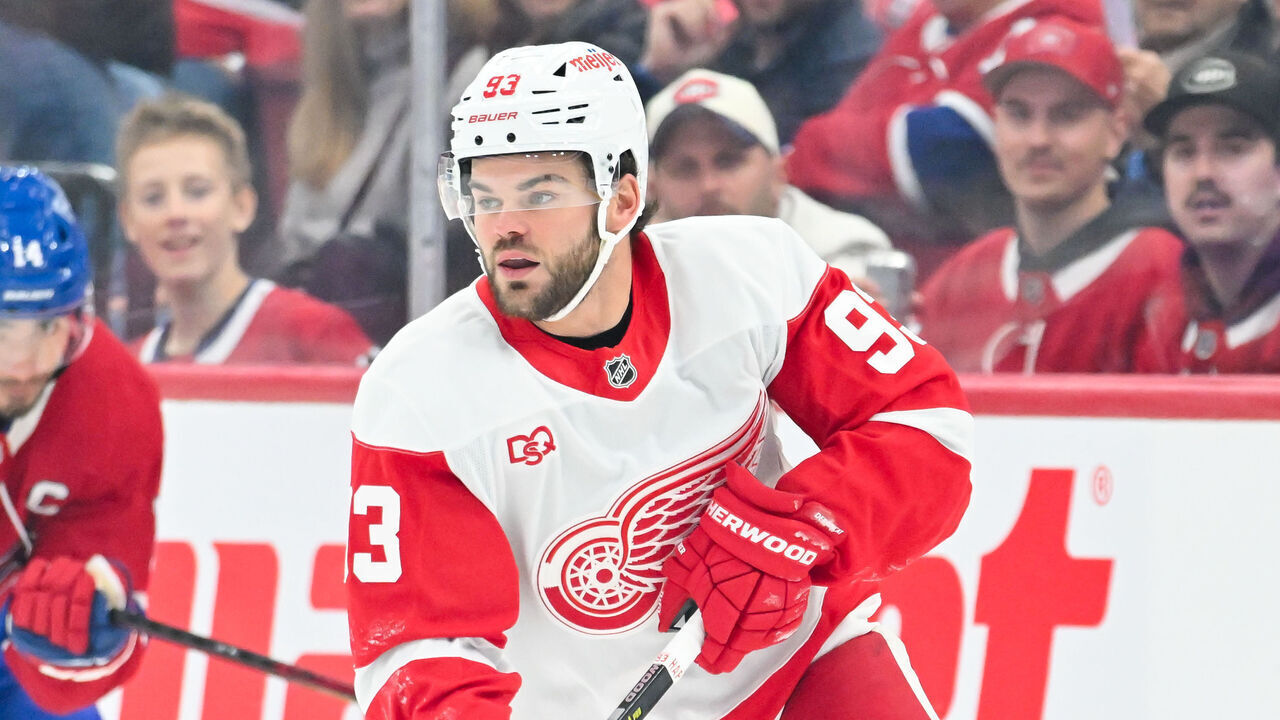 MONTREAL, CANADA - OCTOBER 10: Alex DeBrincat #93 of the Detroit Red Wings handles the puck during the first period against the Montréal Canadiens at the Bell Centre on October 10, 2026 in Montreal, Quebec, Canada.