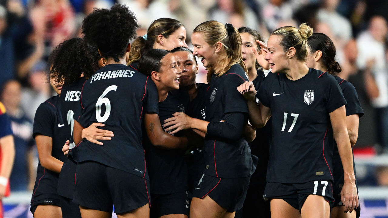 CHESTER, PENNSYLVANIA - OCTOBER 13: Mallory Swanson #9 of United States celebrates scoring her team's second goal with teammates during the international friendly match between United States and Spain at Subaru Park on October 13, 2026 in Chester, Pennsylvania.
