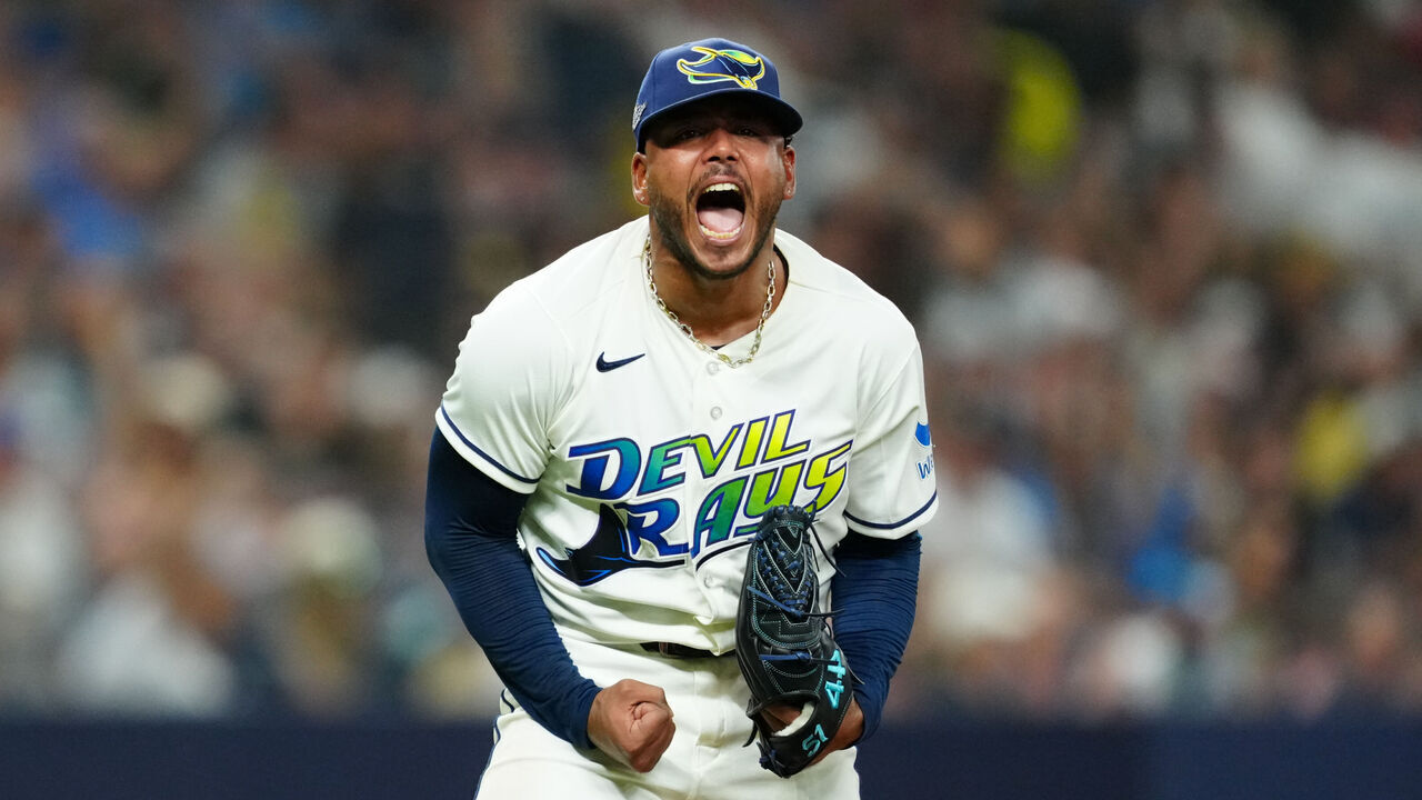 ST. PETERSBURG, FL - OCTOBER 13: Freddy Peralta #51 of the Tampa Bay Rays reacts after striking out Petey Halpin #0 of the Cleveland Guardians to end the top of the sixth inning during Game Two of the American League Championship Series between the Cleveland Guardians and the Tampa Bay Rays at Tropicana Field on Tuesday, October 13, 2026 in St. Petersburg, Florida.