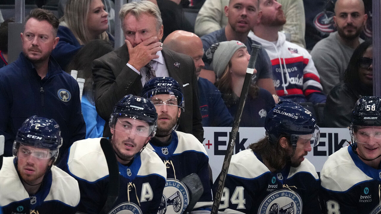COLUMBUS, OHIO - OCTOBER 03: Rick Bowness, head coach of the Columbus Blue Jackets looks on during the game against the Utah Mammoth at Nationwide Arena on October 03, 2026 in Columbus, Ohio.