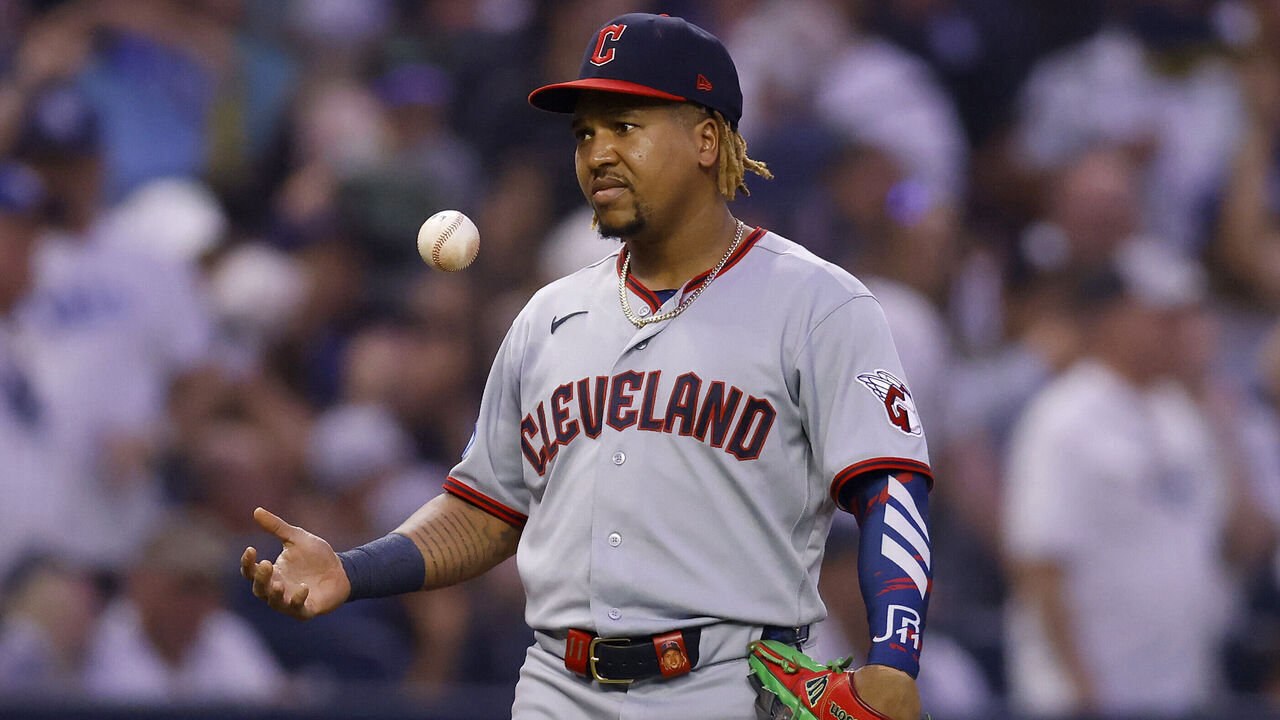 ST PETERSBURG, FLORIDA - OCTOBER 13: Jose Ramirez #11 of the Cleveland Guardians reacts after committing an error that scored Victor Mesa Jr. #25 of the Tampa Bay Rays during the fourth inning in game two of the American League Championship Series at Tropicana Field on October 13, 2026 in St Petersburg, Florida.