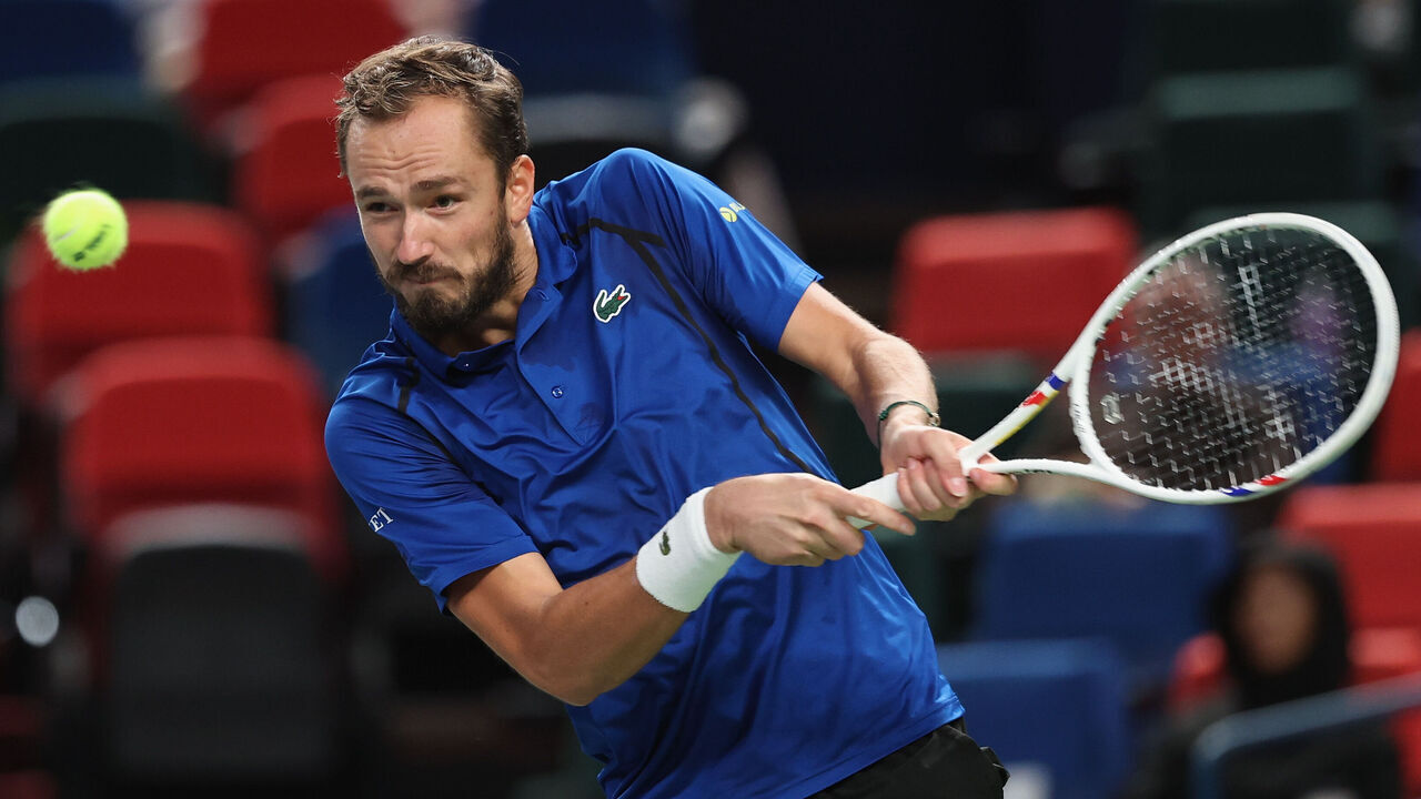 SHANGHAI, CHINA - OCTOBER 14: Daniil Medvedev returns a shot in the Men's Singles Fourth Round match against Stefanos Tsitsipas of Greece on Day eight of 2026 Rolex Shanghai Masters at Qi Zhong Tennis Centre on October 14, 2026 in Shanghai, China.