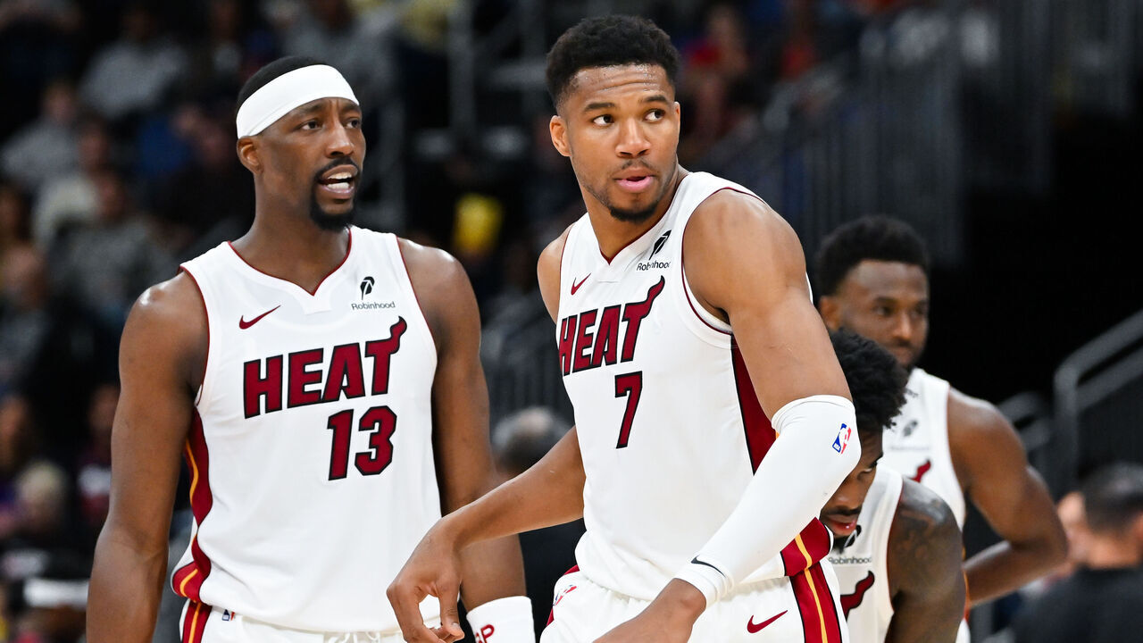 QUEBEC CITY, CANADA - OCTOBER 03: Bam Adebayo #13 and teammate Giannis Antetokounmpo #7 of the Miami Heat look on during the first half against the Toronto Raptors in a preseason NBA game at the Videotron Centre on October 3, 2026 in Quebec City, Quebec, Canada.