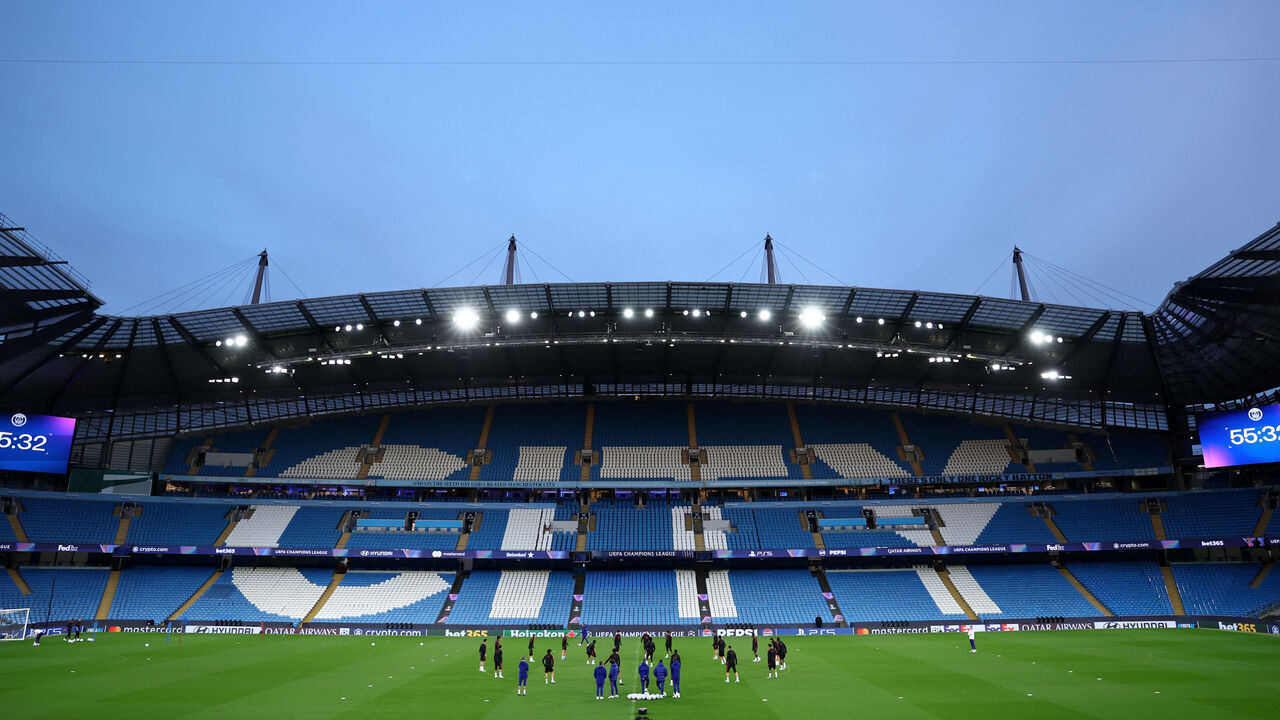 MANCHESTER, ENGLAND - OCTOBER 13: General view inside the stadium as players and staff of Paris Saint-Germain are on the pitch during the training session one day ahead of the UEFA Champions League 2026/27 League Phase MD2 at City of Manchester Stadium on October 13, 2026 in Manchester, England.