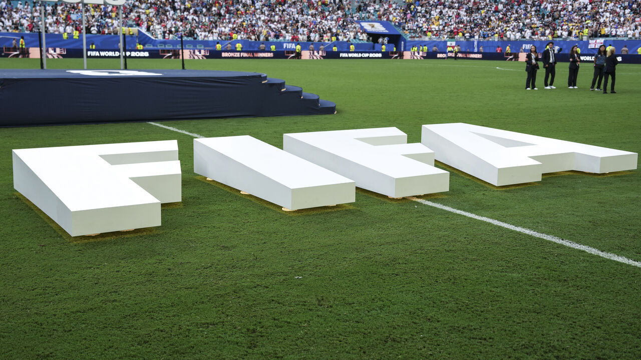 MIAMI GARDENS, FL - JULY 18: The FIFA logo is displayed for the bronze medal ceremony following the FIFA World Cup 26 Bronze Final between France and England on Saturday, July 18, 2206 at Miami Stadium in Miami Gardens, FL