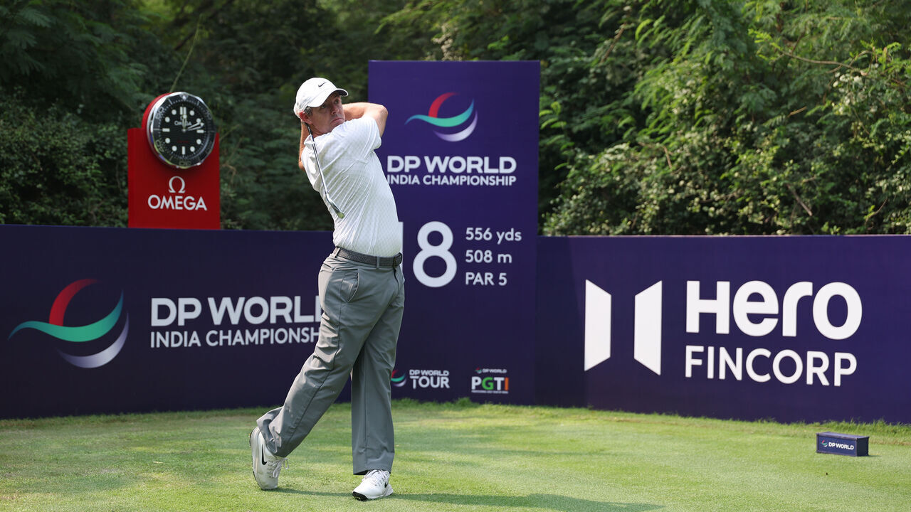 NEW DELHI, INDIA - OCTOBER 14: Rory McIlroy of Northern Ireland plays a shot during the Pro-Am prior to the DP World India Championship at Delhi Golf Club on October 14, 2026 in New Delhi, India.