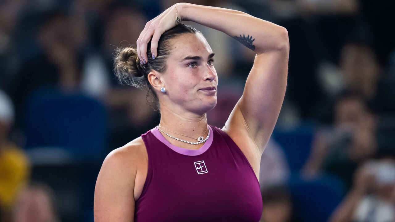 WUHAN, CHINA - OCTOBER 14: Aryna Sabalenka in action against Ann Li of the United States in the second round on Day 3 of the Wuhan Open at Optics Valley International Tennis Center on October 14, 2026 in Wuhan, China