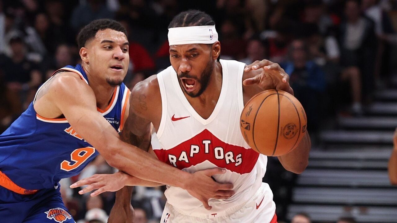TORONTO, ON - October 13 In first half action, Kawhi Leonard of the Raptors steals the ball from Kevin McCullar Jr. of the KnicksThe Toronto Raptors played the New York Knicks in NBA basketball action at the Scotiabank Arena in pre-season action.October 13 2026 Richard Lautens/Toronto Star (Richard Lautens/Toronto Star via Getty Images)
